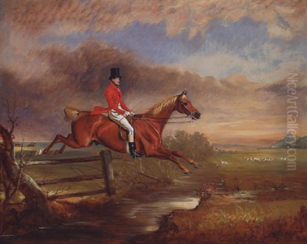 The Hon. Henry Augustus Craven Clearing A Fenced Brook With Hounds After A Scent And Belvoir Castle Beyond Oil Painting by John E. Ferneley