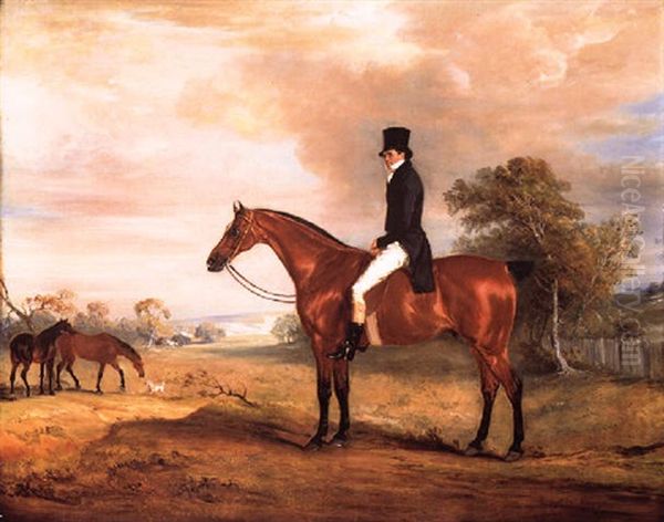 John Barnes On A Bay Hunter, With Other Hunters And A Dog In An Extensive Landscape Oil Painting by John E. Ferneley