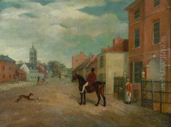 The High Street, Melton Mowbray, With A Huntsman In The Foreground Oil Painting by John E. Ferneley