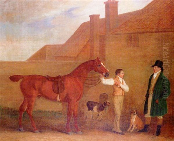 Mr Charlton With His Groom Holding A Chesnut Hunter In A Yard Oil Painting by John E. Ferneley