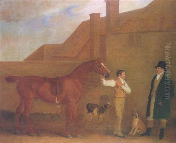 Mr. Charlton And His Groom Holding A Chestnut Hunter In A Yard Oil Painting by John E. Ferneley