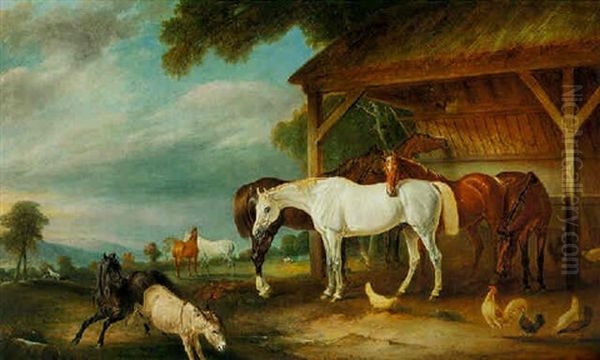 Horses Outside A Stable With A Colt And Donkey Oil Painting by John E. Ferneley