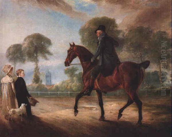 The Reverend Doctor Ford On His Chestnut Hunter Riding Into Melton Mowbry Oil Painting by John E. Ferneley