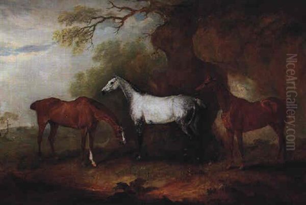 Three Hunters Belonging To Robert Myddlelton-biddulph Oil Painting by John E. Ferneley