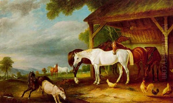 Horses Outside A Stable And A Colt And Donkey Frolicking Oil Painting by John E. Ferneley