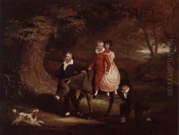 Children With A Donkey And Spaniel Oil Painting by John E. Ferneley