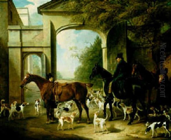 Waiting For The Master: The Horses, Grooms And Harriers Of John Morant Outside Brockenhurst Park Oil Painting by John E. Ferneley