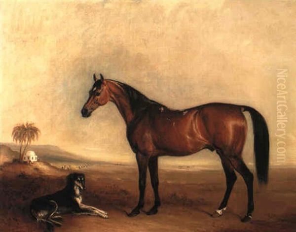 A Bay Arab Stallion, The Property Of Sir George Palmer, Bt. And A Saluki Oil Painting by John E. Ferneley