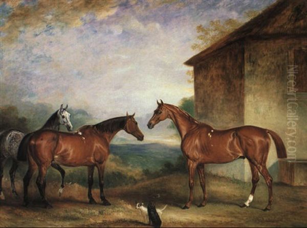 Three Hunters With Dogs, The Property Of Mr. Sidebottom Oil Painting by John E. Ferneley