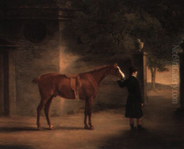 Mr. Wombell's Hunter With A Groom In A Courtyard Oil Painting by John E. Ferneley