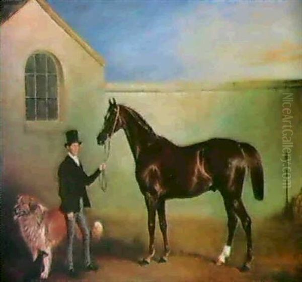 Mister Meakin Holding A Hunter With The Dogs Hector And Jem Before A Stable Oil Painting by John E. Ferneley