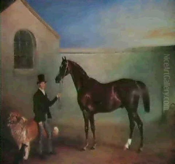 Portrait Of A Bay Hunter With A Stable Hand With            Two Dogs Before A Stable Oil Painting by John E. Ferneley