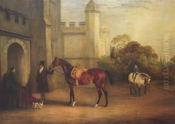 Wycombe Abbey, With Portraits Of Johnny Wilmer, John Cross  And The 1st Lady Carrington's Favourite Hack Oil Painting by John E. Ferneley