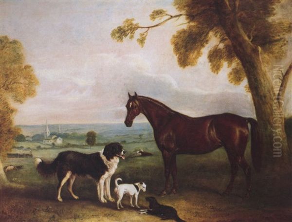 A Chestnut Hunter And Dogs At Kirby Park Oil Painting by John E. Ferneley