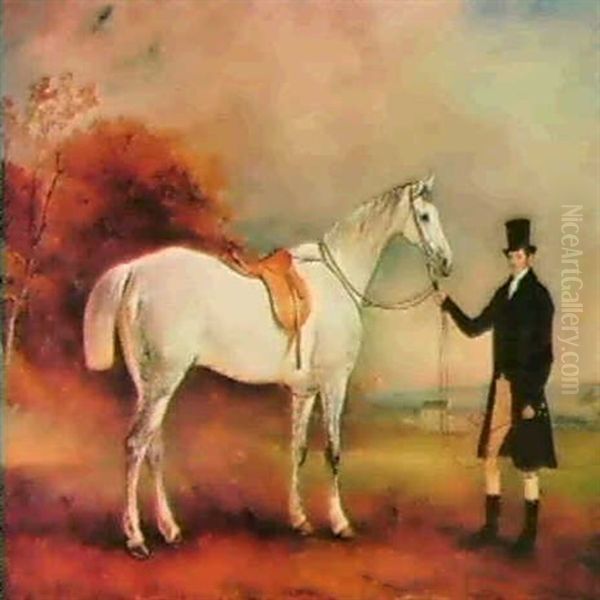 Mr. Craddock's Grey Hunter Held By His Groom In An Open     Landscape Oil Painting by John E. Ferneley