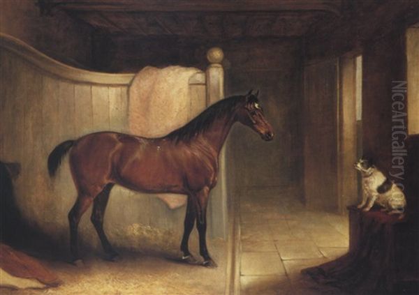 A Bay Hunter, The Property Of H.g. Surtees Of Frenchay, In  A Loosebox With A Terrier To The Right Oil Painting by John E. Ferneley