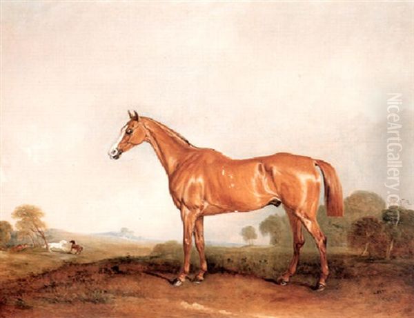 A Golden Chestnut Hunter In A Landscape Oil Painting by John E. Ferneley