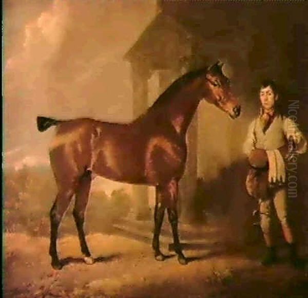 A Groom With A Bay Hunter, Before A Country                 House Oil Painting by John E. Ferneley