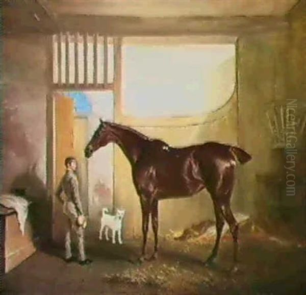 Sir Vincent Cotton's Chestnut Mare In A Loose Box With A    Stable Boy And Dog Oil Painting by John E. Ferneley