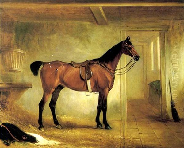 A Bay Hunter Saddled Up In A Stable Oil Painting by John E. Ferneley