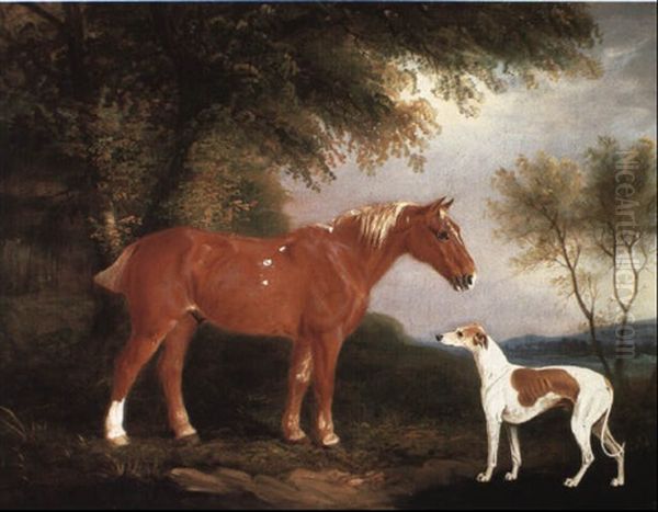 A Chestnut Pony With A Greyhound In A Landscape Oil Painting by John E. Ferneley