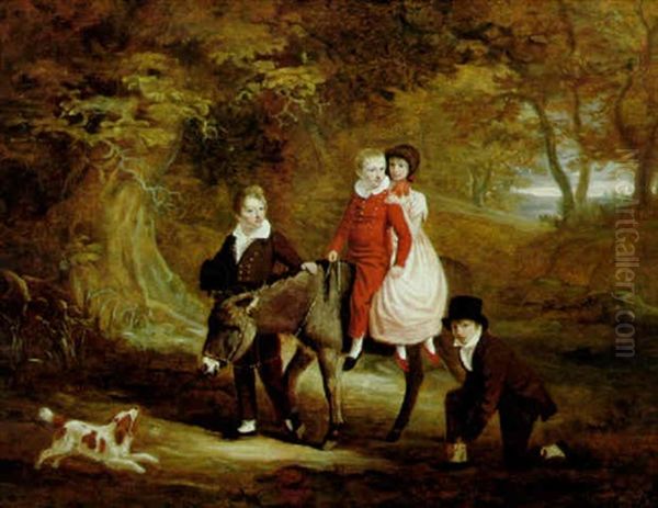 Children With Their Favourite Donkey In A Wood Oil Painting by John E. Ferneley