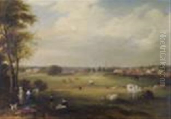 The Outskirts Of Melton Mowbraym, A Young Boy Flying A Kite, A Lady Painting At Her Easel And Other Figures Oil Painting by Sarah Ferneley