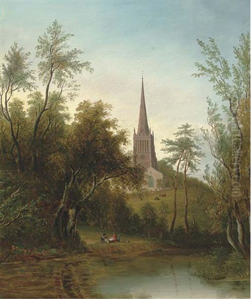 Figures By A Pond, With Cattle And A Church Beyond Oil Painting by Sarah Ferneley