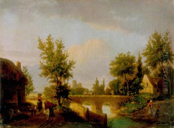 Flusslandschaft Mit Steinbrucke Oil Painting by Francois Fortune Antoine Ferogio