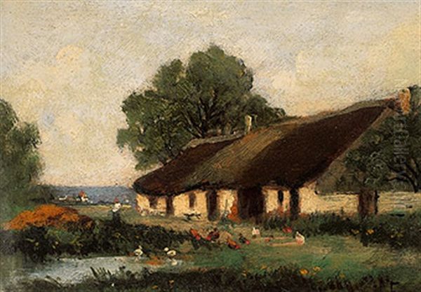 Reetgedecktes Anwesen Mit Huhnerhof, Teich Und Figurenstaffage Oil Painting by Julien Hippolyte Feron