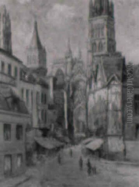 La Rue De L'epicerie Et La Cathedrale De Rouen Oil Painting by Julien Hippolyte Feron