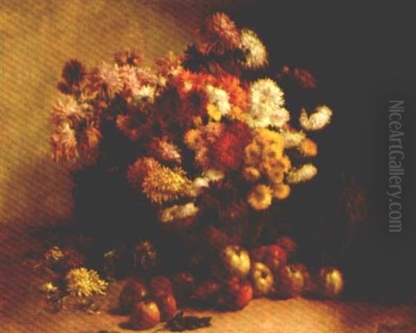 Vase De Fleurs Et Pommes Oil Painting by Julien Hippolyte Feron