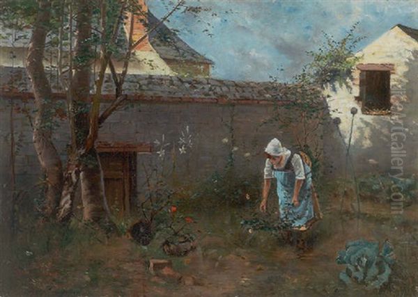 Haveparti Med Kvinde, Der Ordner Roser Oil Painting by William Feron