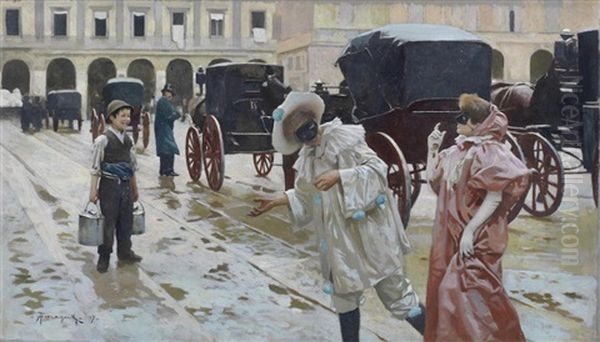 Carnival, Piazza Della Scala, Milan Oil Painting by Arnaldo Ferraguti