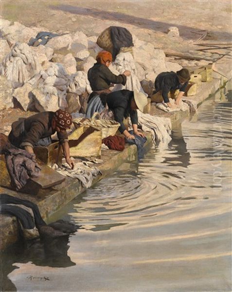 Wascherinnen In Pallanza, Lago Maggiore Oil Painting by Arnaldo Ferraguti