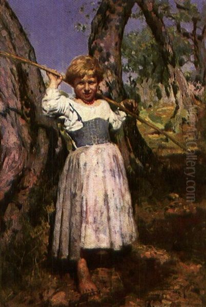 A Young Girl In The Woods Oil Painting by Arnaldo Ferraguti