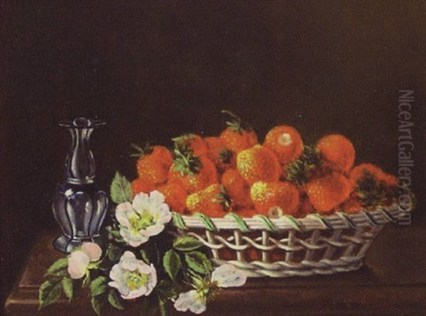 Still Life Of A Basket Of Strawberries And A Cut Glass Vase Oil Painting by Ennemond Ferrand