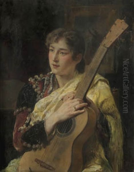 Mujer Con Guitarra Oil Painting by Alejandro Ferrant Y Fischermans