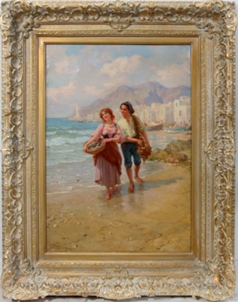 Couple Walking On The Seashore Oil Painting by Carlo Ferranti