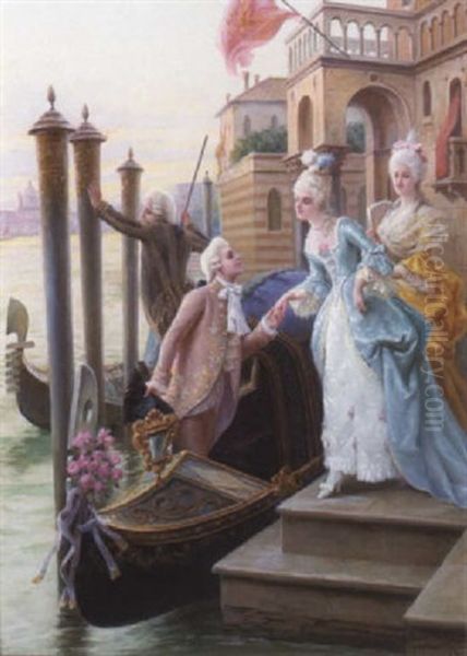 A Venetian Scene With Elegant Figures Boarding A Gondola Oil Painting by Carlo Ferranti