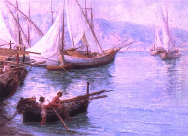 Fishermen Off The Southern Italian Coast Oil Painting by Carlo Ferranti