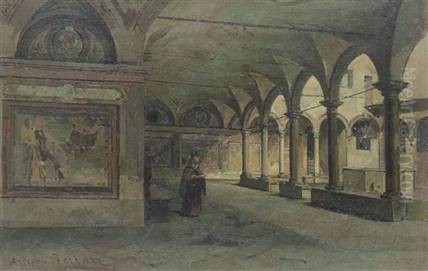 A Monk Walking Through The Cloister Gallery Oil Painting by Arturo Ferrari