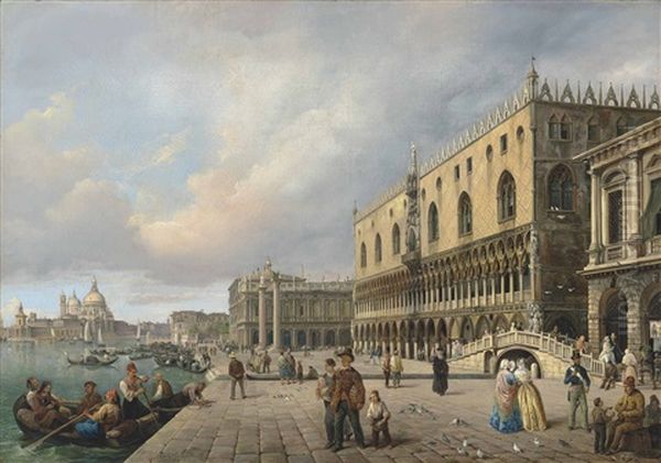 The Riva Degli Schiavoni, Venice, With Santa Maria Della Salute Beyond Oil Painting by Carlo (Le Ferrarin) Ferrari