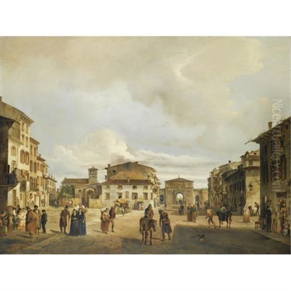 The Piazza Santa Toscana And Porta Vescovo, Verona Oil Painting by Carlo (Le Ferrarin) Ferrari