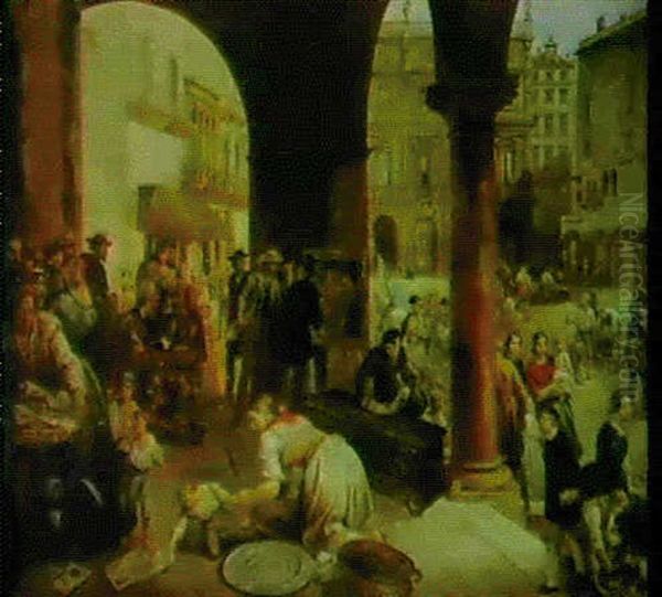 A Busy Italian Square Oil Painting by Carlo (Le Ferrarin) Ferrari