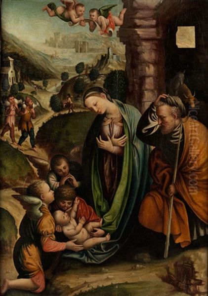 Anbetung Des Kindes Durch Maria, Josef Und Die Engel by Gaudenzio Ferrari