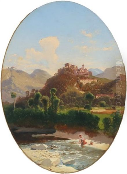 Paesaggio Con Lavandaia Oil Painting by Giovanni Battista Ferrari