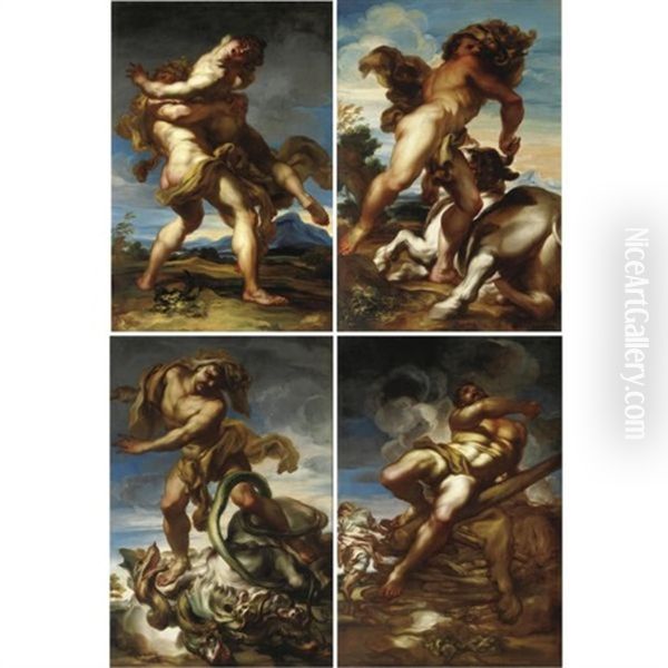 Ercole E Anteo (+ 3 Others; Set Of 4) Oil Painting by Gregorio de Ferrari