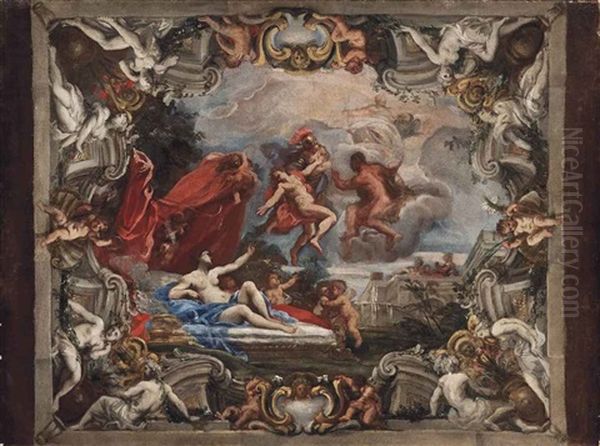 Mars Being Taken From Venus, At The Request Of Vulcan: A Ceiling Bozzetto Oil Painting by Lorenzo De Ferrari