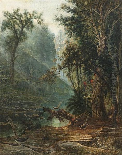 Pheasants Near A Lake In The Woods, Early Morning Oil Painting by Giuseppe Ferrarini